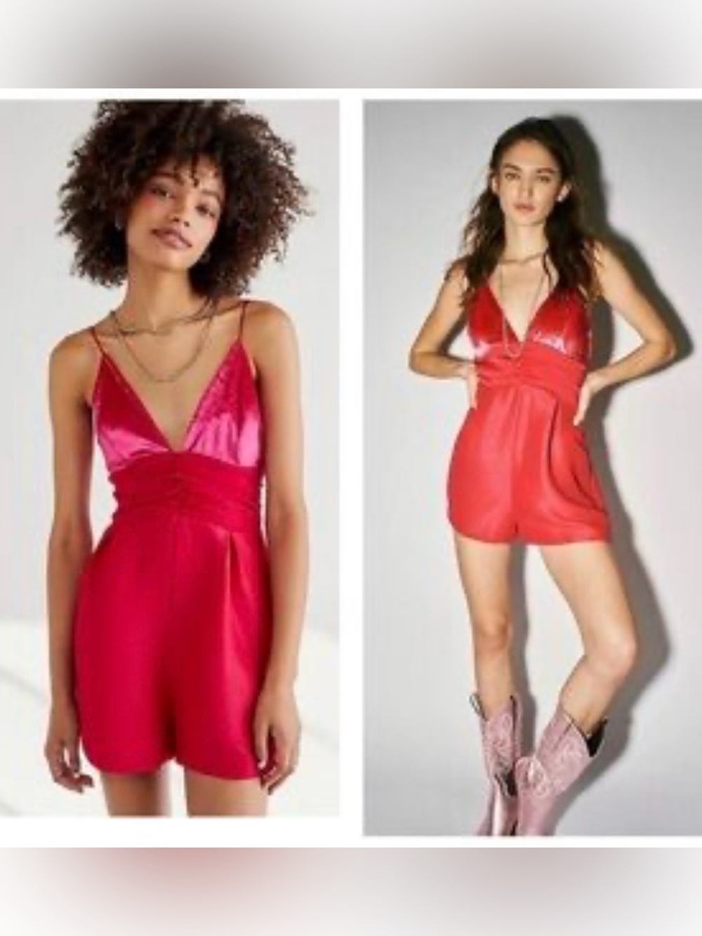 Free People Copper Tag Velvety Satin V-Neck Romper in Hot Pink